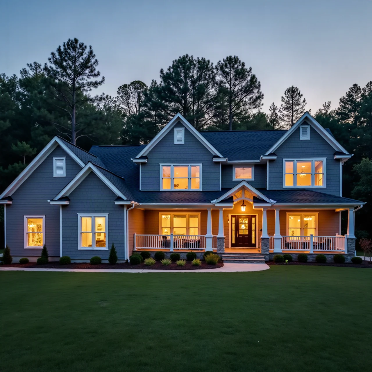 Finished home exterior at dusk with warm window light and a clean new dark shingle roof, realistic architectural photograph