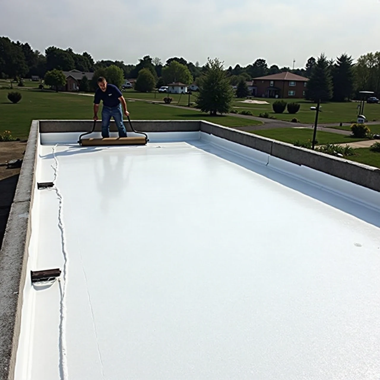 Roof coating being rolled onto an aged low-slope roof surface to extend its life, bright white coating, worker's roller, realistic photograph