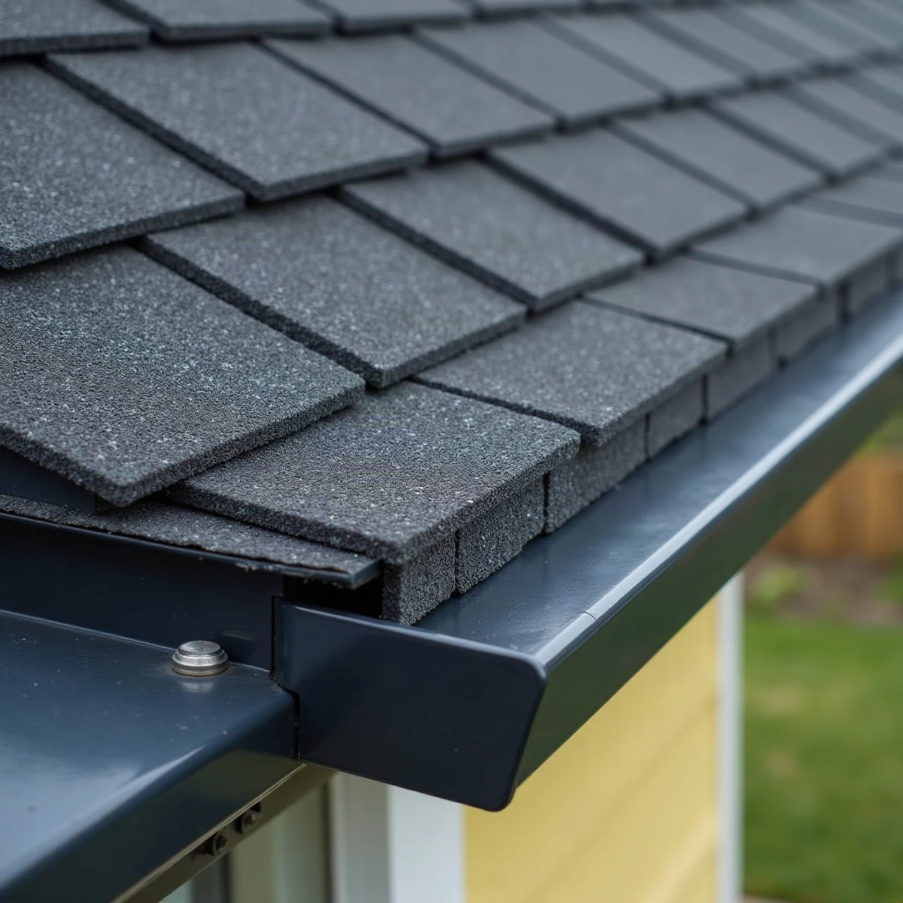 Close-up of neat charcoal architectural asphalt shingles and metal drip edge on a new roof, sharp detail, natural daylight, realistic photograph