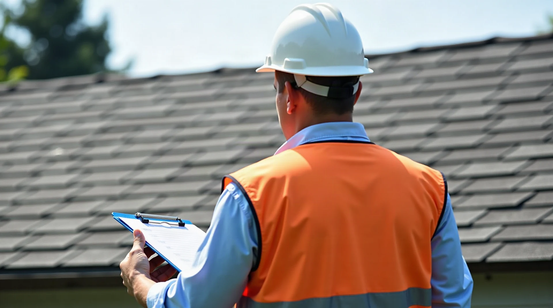 Roofing inspector with clipboard examining shingles on a residential roof, daylight, realistic photograph, face turned away