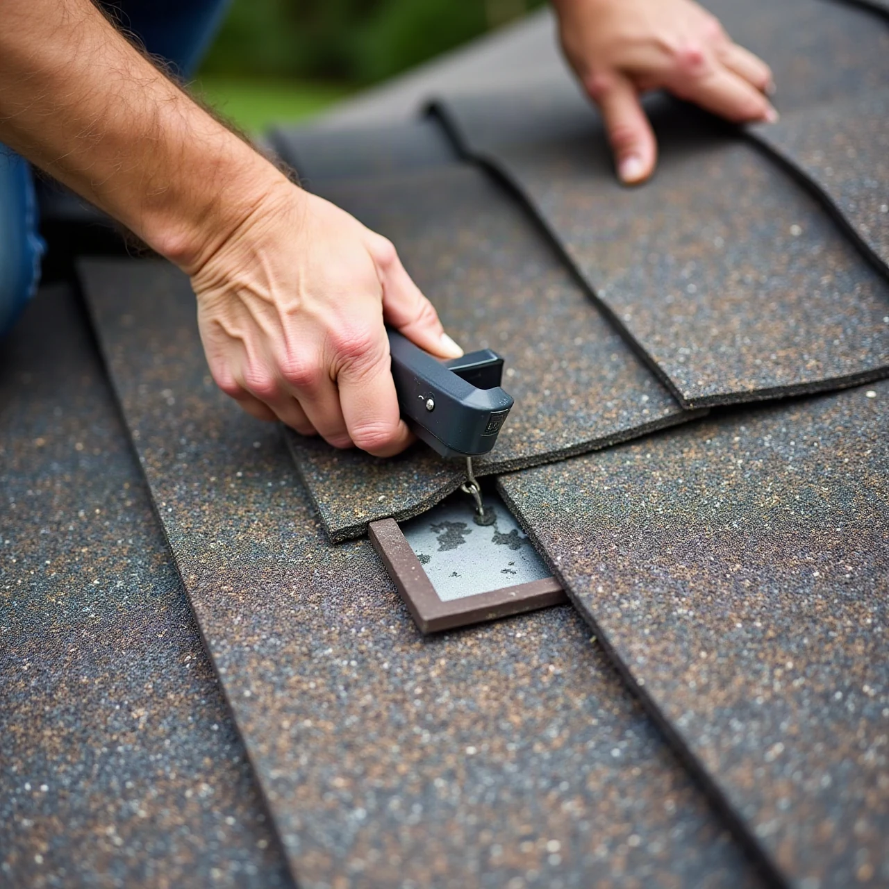 Roofer hand repairing damaged shingles around a chimney flashing on a house roof, close view of hands and tools, realistic photograph