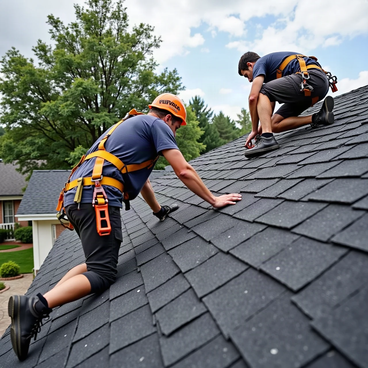 Roofers installing new asphalt shingles on a residential roof replacement, safety harnesses, daylight, realistic photograph, faces not visible