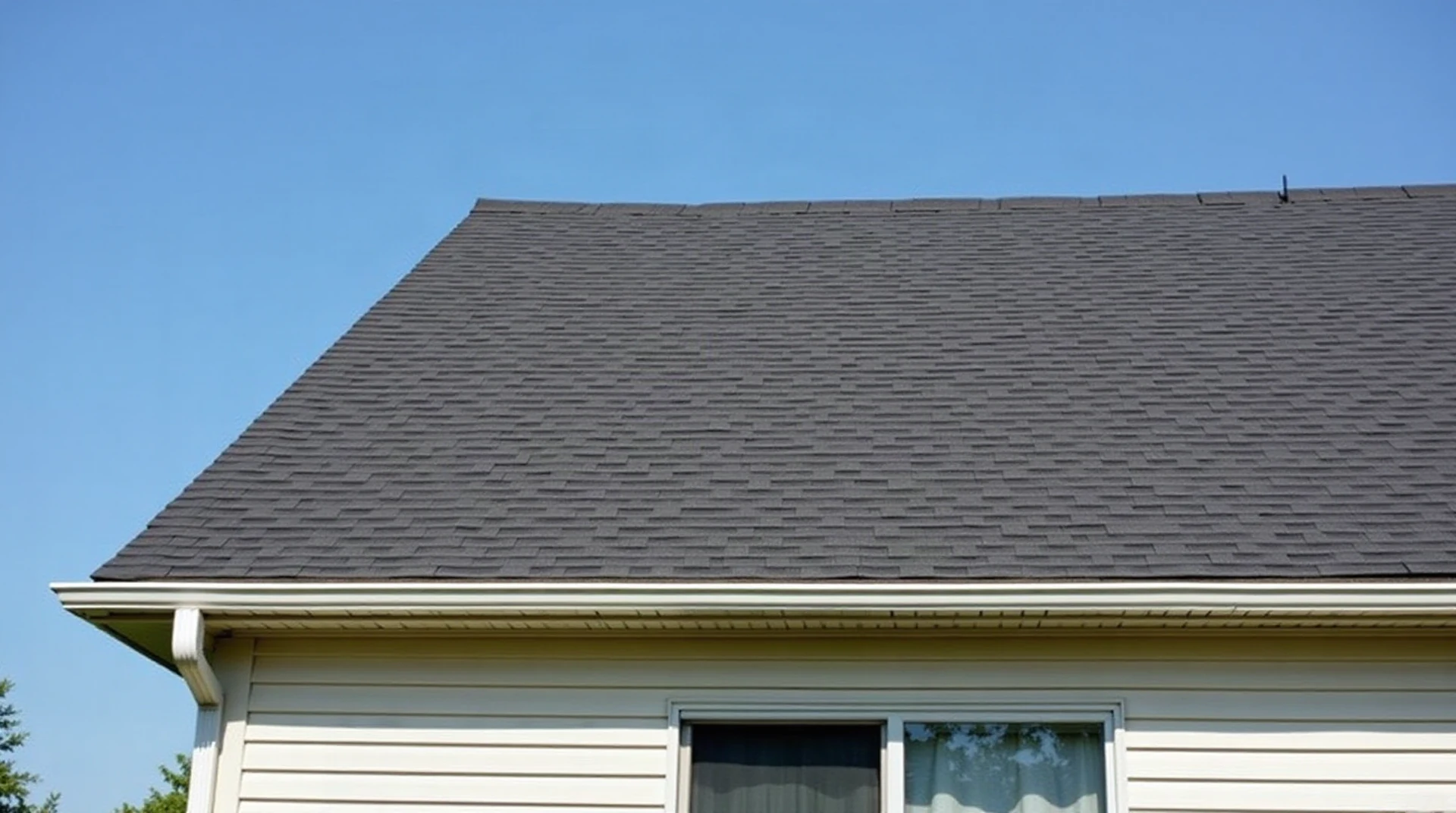 Long run of a newly finished residential roof turning a hip corner, dark shingles against blue sky, clean gutters, realistic photograph